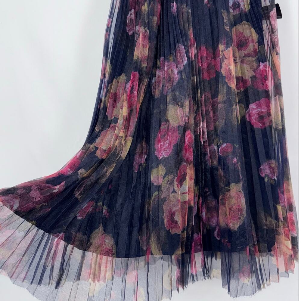 Lulus Alluring Invite Floral Pleated Bustier Midi Dress Women's Medium Navy Blue - Picture 5 of 16